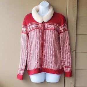 Womens Meg Allen by Liz Caliborne Red White Fair Isle Faux Fur Collared Cardigan